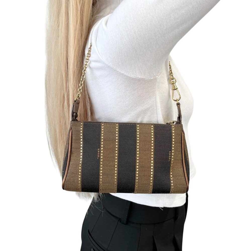 FENDI Vintage Logo Striped Canvas Shoulder Crossbody Bag Brown Black [106059]